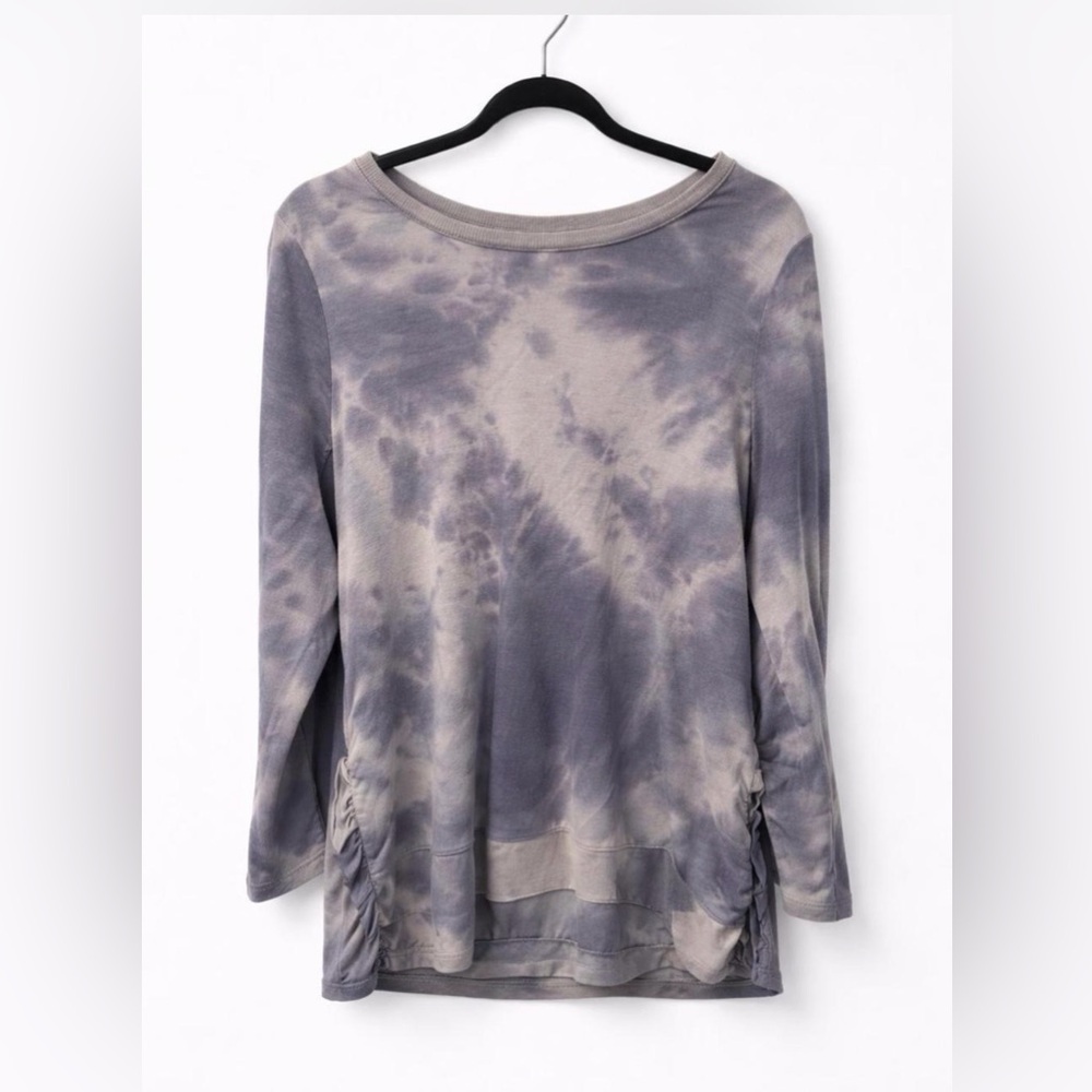 Cupio Tie Dye Top Purple Gray Large Boho Ruffle Side Casual Loungewear